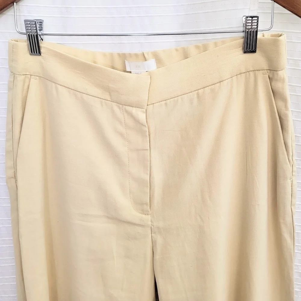 Elegant High Waist Wide Cut Pants Soft Drapey Split Hem Pale Yellow Women's 10